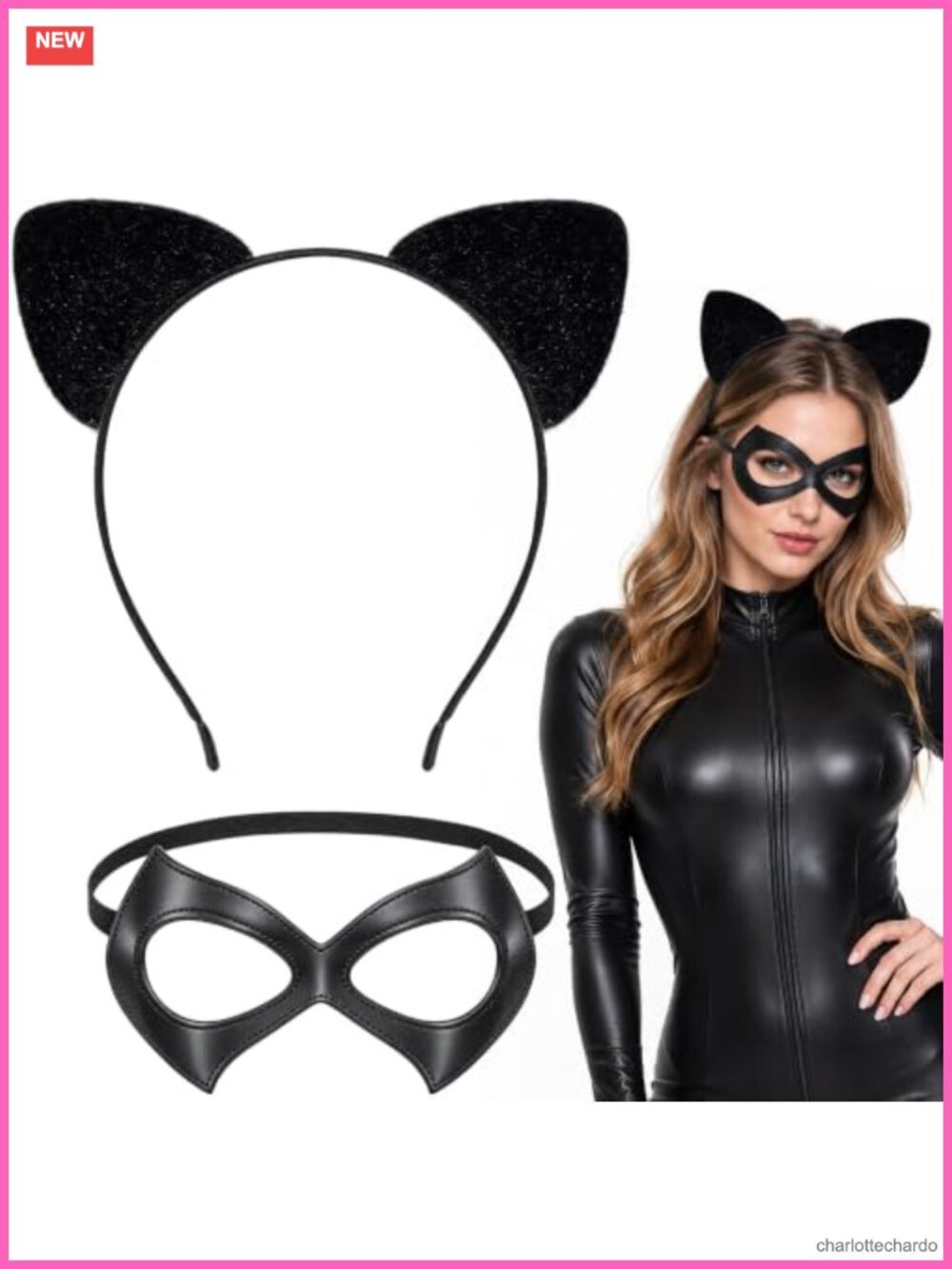 Cat Costume Accessory Set: Cat Mask and Ears, Adjustable Elastic Band,